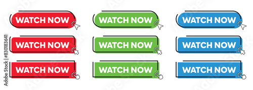 Watch Now Button with Click cursor. Modern Simple web action button with click cursor or arrow pointer vector illustration set