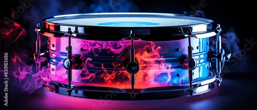 A snare drum illuminated by colorful stage lights, soft and dark background, high detail, concert atmosphere, dramatic lighting 8K , high-resolution, ultra HD,up32K HD