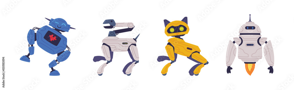 Metal Robot Machine with Limbs for Labor Automation Vector Set Metal Robot Machine with Limbs for Labor Automation Vector Set