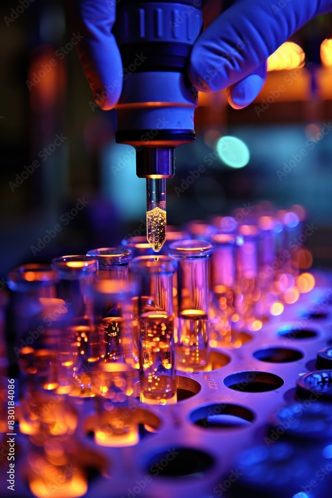 Scientist handling test tubes with glowing liquids during a nighttime lab experiment Scientist handling test tubes with glowing liquids during a nighttime lab experiment