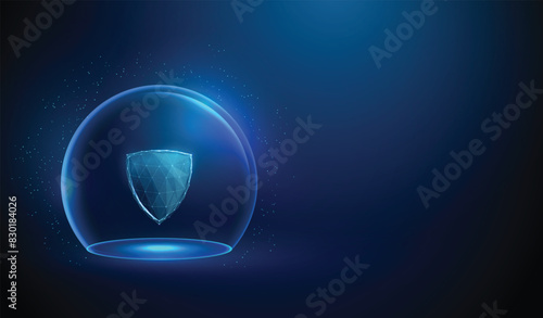 Abstract blue futuristic guard shield inside glass dome. Protection, cyber security and insurance concept Low poly style Geometric background Wireframe light connection structure Modern graphic Vector