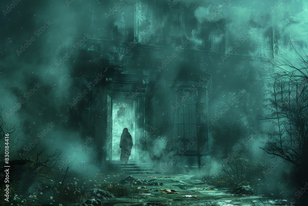 Fototapeta premium Creepy scene with a hooded figure standing before an ancient, foggy temple