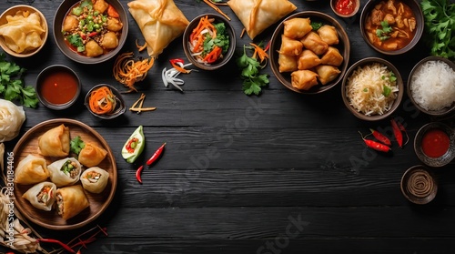 selection of asian food- spring roll, samosa, fried noodles, soup, rice and dumpling On a black wooden background. Top view. Free space for your text. photo