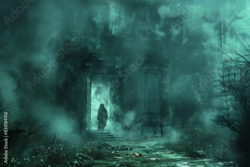 Wallpaper Mural Creepy scene with a hooded figure standing before an ancient, foggy temple Torontodigital.ca