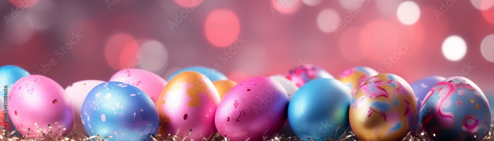An artistic display of colorful foilwrapped Easter eggs, soft focus, detailed textures, pink background, vibrant and festive mood 8K , high-resolution, ultra HD,up32K HD An artistic display of colorful foilwrapped Easter eggs, soft focus, detailed textures, pink background, vibrant and festive mood 8K , high-resolution, ultra HD,up32K HD