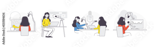 Podcast Recording with Young Woman with Microphone Broadcasting and Live Streaming Outline Vector Set