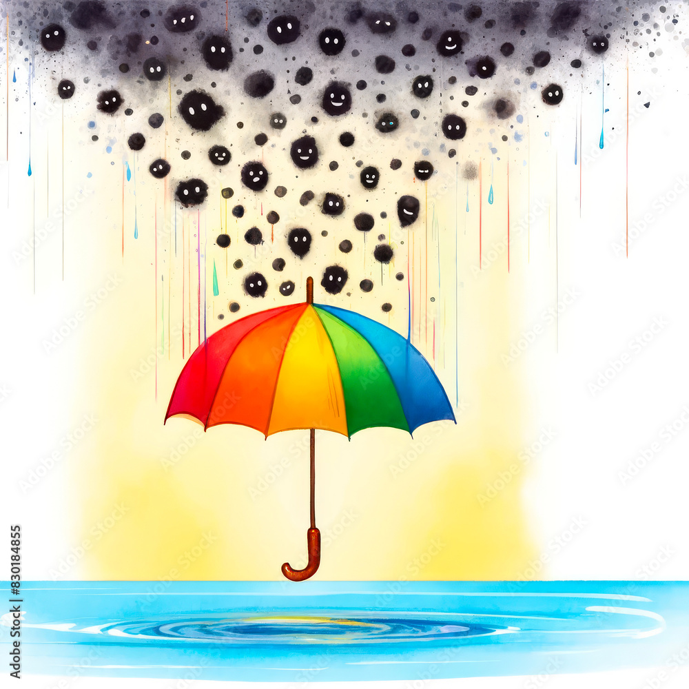 Aquarelle image symbolique de parapluie contre les pensées négatives pour garder la bonne humeur.
Illustration pour livre enfant conte ou histoire.