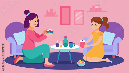 A living room turned into a makeshift spa for a motherdaughter playdate with little girls painting each others nails and having a tea party.. Vector illustration