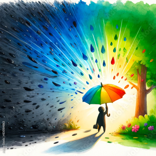Aquarelle parapluie contre les ondes ou pensées négatives, image symbolique, sophrologie.
Illustration pour livre enfant conte ou histoire.