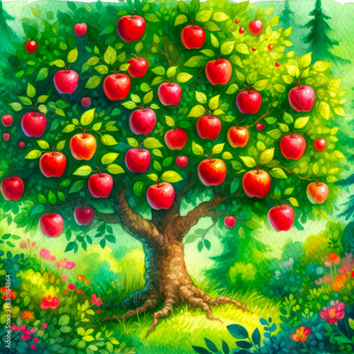 Aquarelle pommier avec de nombreuses pommes rouges dans une forêt magique et verte.
Illustration pour livre enfant conte ou histoire.
