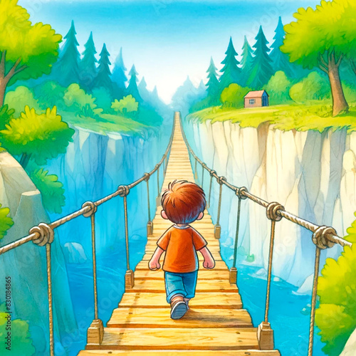 Aquarelle un petit garçon traverse un pont suspendu en bois. Jeune enfant de dos. Confiance
Illustration pour livre enfant conte ou histoire.