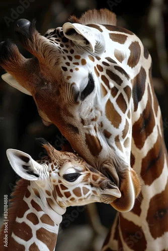 Obraz Giraffe licks its mother's face.