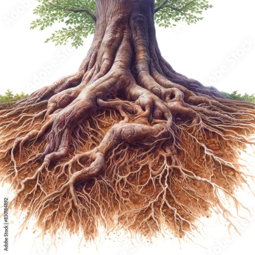 Aquarelle racines arbre vue en coupe sous terre ancrage.
Illustration pour livre enfant conte ou histoire.