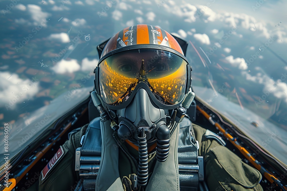 A detailed view of a pilot inside an aircraft cockpit wearing a helmet with a reflective visor during a flight A detailed view of a pilot inside an aircraft cockpit wearing a helmet with a reflective visor during a flight
