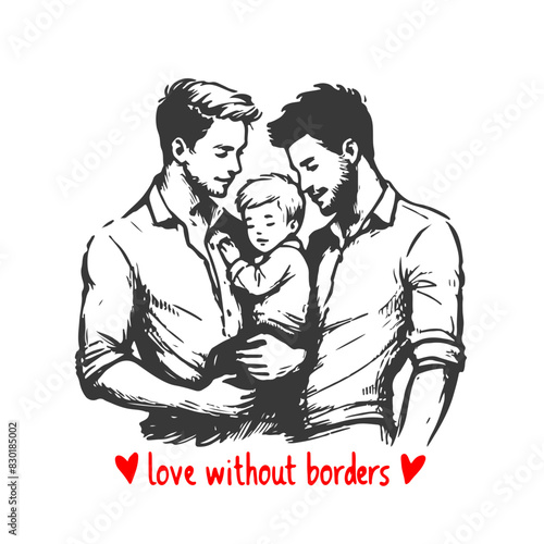 married couple of LGBT men with a child. adoption and surrogacy concept. vector illustration on white background