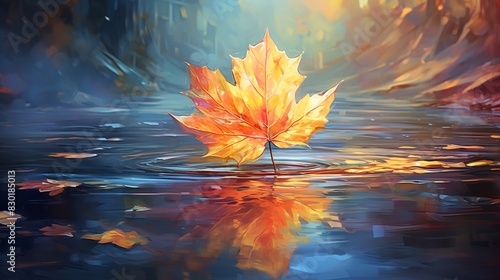 Autumn leaf with colorful reflections, impressionist painting, soft lighting, tranquil feel 8K , high-resolution, ultra HD,up32K HD