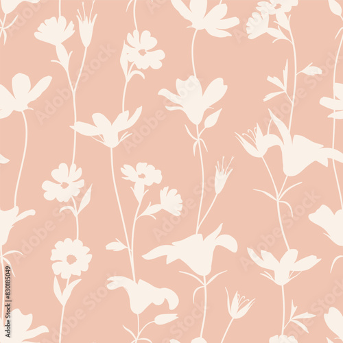 Floral Seamless vector pattern with trailing elegant white flower vines silhouettes on warm pink