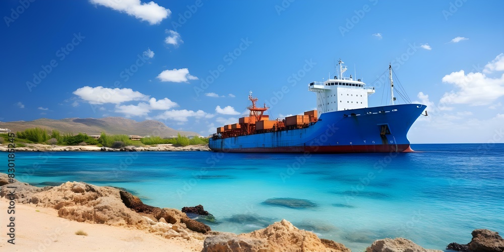Freighter ship grounded on Klein Curacao Netherlands Antilles. Concept Maritime Accident, Shipwreck, Nautical Disaster, Ocean Environment, Emergency Response