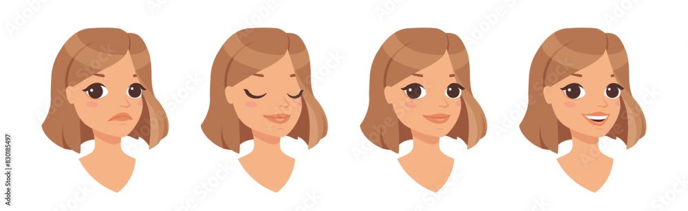 Pretty Woman Character Face with Short Haircut Pose Vector Set Pretty Woman Character Face with Short Haircut Pose Vector Set