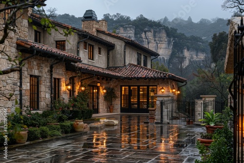 A large house with a stone roof and a stone walkway photo