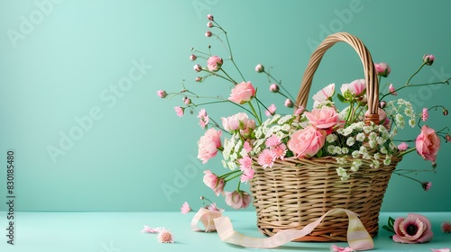 A beautifully designed gift basket with fresh flowers and a ribbon  displayed on a bright mint green background.