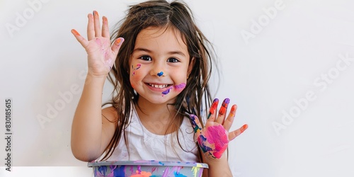 A child paints. Paint on the girl's hands. Little girl shows her hands.