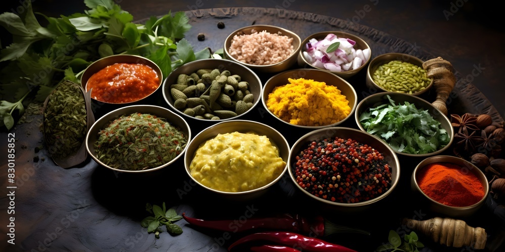 Indian Dishes and Spices: A Top-Down View on a Rustic Background. Concept Indian Cuisine, Spices, Culinary Photography, Top-Down Shots, Rustic Setting Indian Dishes and Spices: A Top-Down View on a Rustic Background. Concept Indian Cuisine, Spices, Culinary Photography, Top-Down Shots, Rustic Setting
