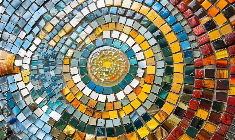 Fototapeta premium Vivid Mosaic Art with Colorful Glass Tiles Arranged in Swirling Pattern - Abstract Artistic Background