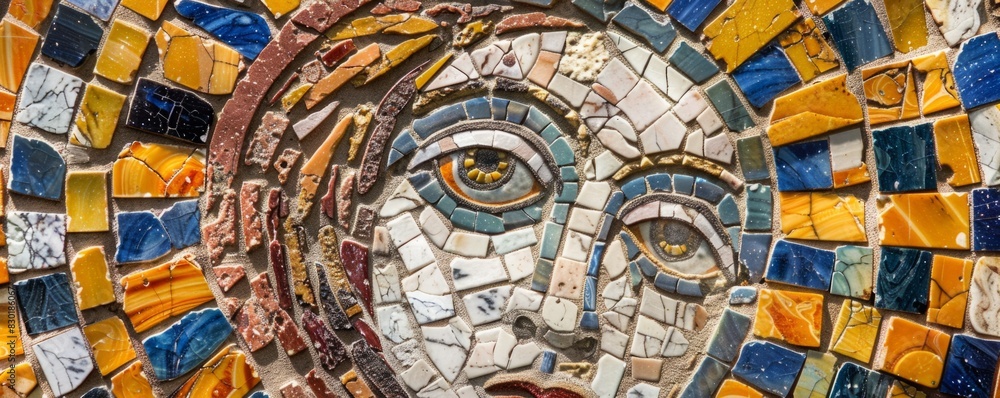 Colorful Mosaic Artwork: Detailed Close-up of Vintage Glass and Ceramic Tile Design