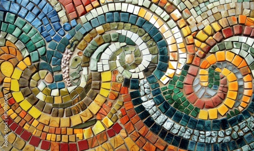 Vibrant Mosaic Art with Colorful Tiles in Swirling Abstract Pattern