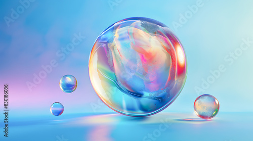 An iridescent orb, Bubble shimmering with iridescent colors float against a blue backdrop. Spherical and translucent, their surfaces reflect subtle rainbow hues