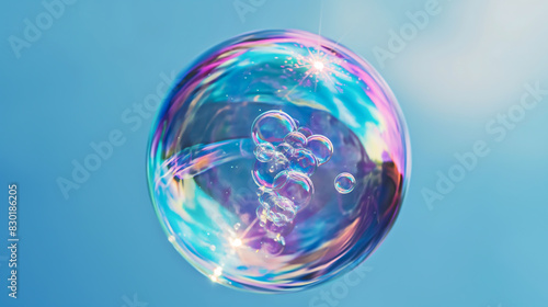 An iridescent orb  Bubble shimmering with iridescent colors float against a blue backdrop. Spherical and translucent  their surfaces reflect subtle rainbow hues