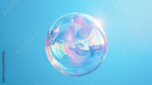 An iridescent orb, Bubble shimmering with iridescent colors float against a blue backdrop. Spherical and translucent, their surfaces reflect subtle rainbow hues