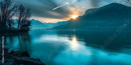 Winter sunset at Lake Annecy in Haute-Savoie, France, with French Alps in the background. Concept Nature Photography, Winter Landscape, Mountains, Lake View, Reflections