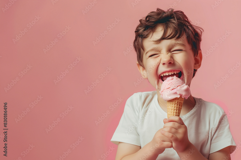Happy summer concept. Emotive portrait of pretty boy with dark hair posing over light pink background, eating ice cream. Funny smile. Casual style. Close up. Copy-space. Studio shot Happy summer concept. Emotive portrait of pretty boy with dark hair posing over light pink background, eating ice cream. Funny smile. Casual style. Close up. Copy-space. Studio shot