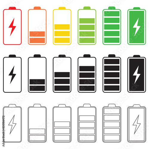 set of battery icons. Battery charging and percentage capacity levels icon. Red, green, yellow and black colors vector illustration.