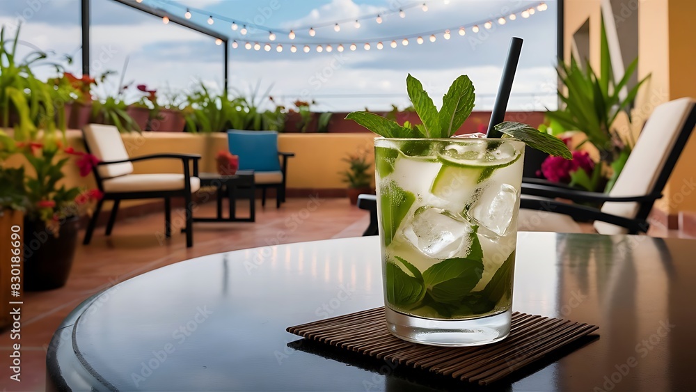Fototapeta premium A glass of fresh mojito on a terrace table