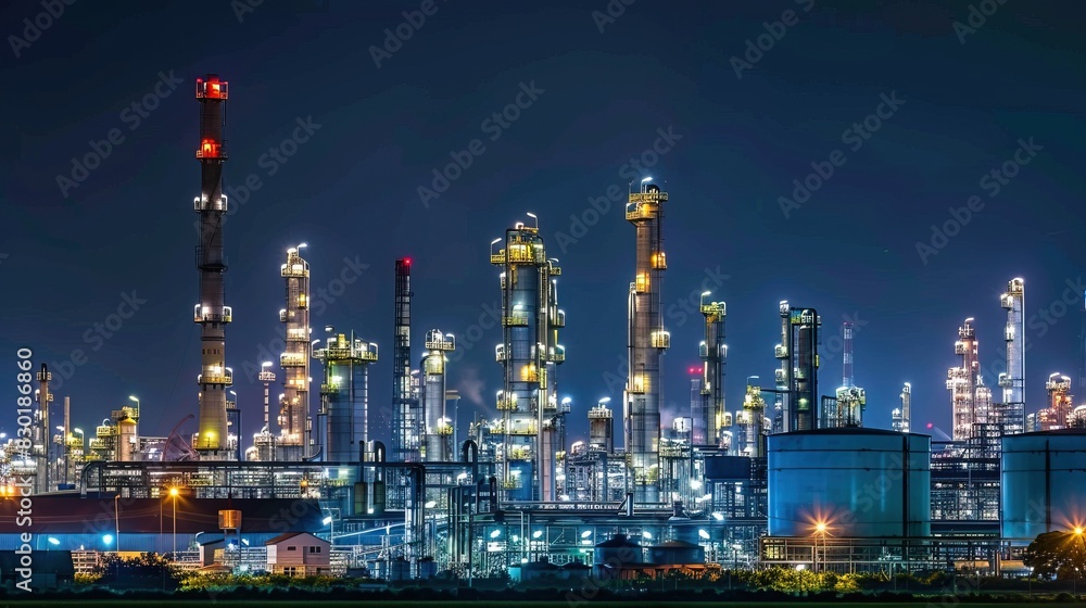 Fototapeta premium At night, the oil refinery and plant, along with the tower column of the petrochemical industry, are part of the oil and gas industrial landscape