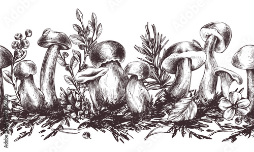 Forest mushrooms, boletus, chanterelles and blueberries, lingonberries, twigs, cones, leaves. Graphic illustration, hand drawn with brown ink, line art monochrome. Seamless board pattern, simple