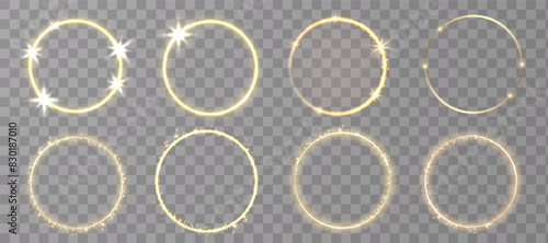 Gold circles frame with glitter light effect. A golden flash flies in a circle in a luminous ring.