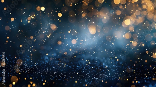 Abstract background with dark blue and gold particles. Golden light shines, creating a Christmas bokeh effect on a navy blue background. Gold foil texture enhances the holiday concept photo