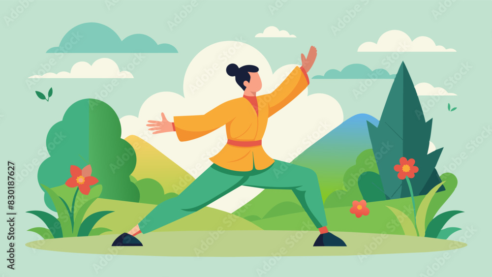 A man practicing tai chi in a peaceful garden focusing on slow and deliberate movements rather than intense physical exertion.. Vector illustration