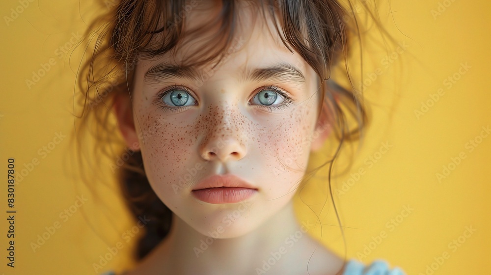 girl portrait with big, inquisitive eyes, set against a soft yellow background girl portrait with big, inquisitive eyes, set against a soft yellow background