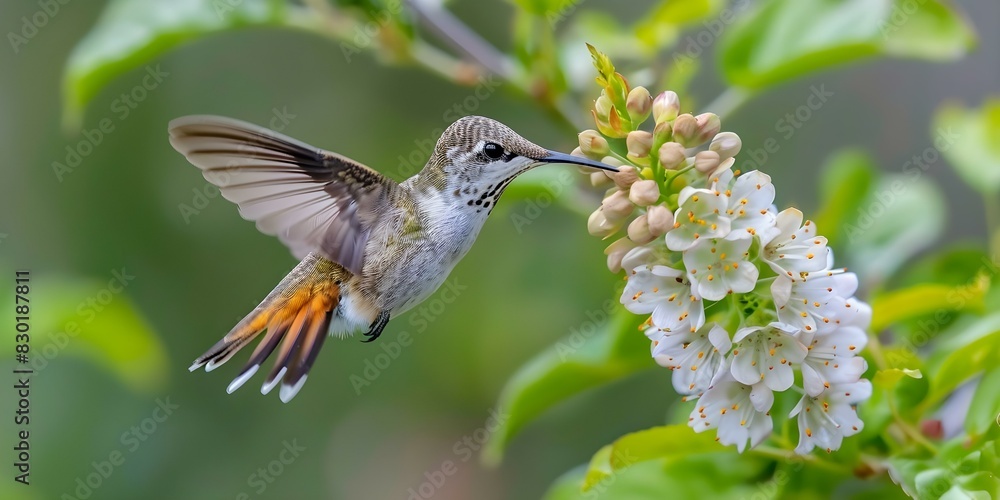 Obraz premium A Hummingbird Nourishing from a Delicate Blossom. Concept Wildlife Photography, Nature Portraits, Birds in Flight, Floral Elegance, Small Wonders