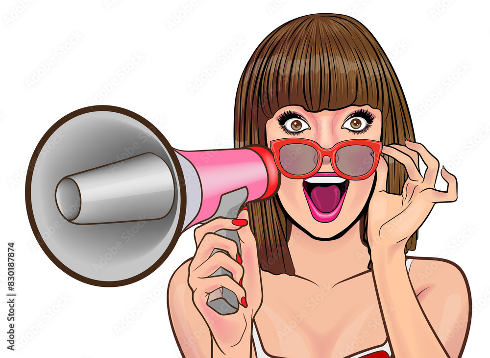 Naklejka premium woman announcing loudspeaker something with megaphone pop art comics style