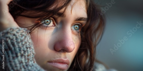 Ethereal shot of a thoughtful woman bracing against cold, her cheeks flushed from the chill