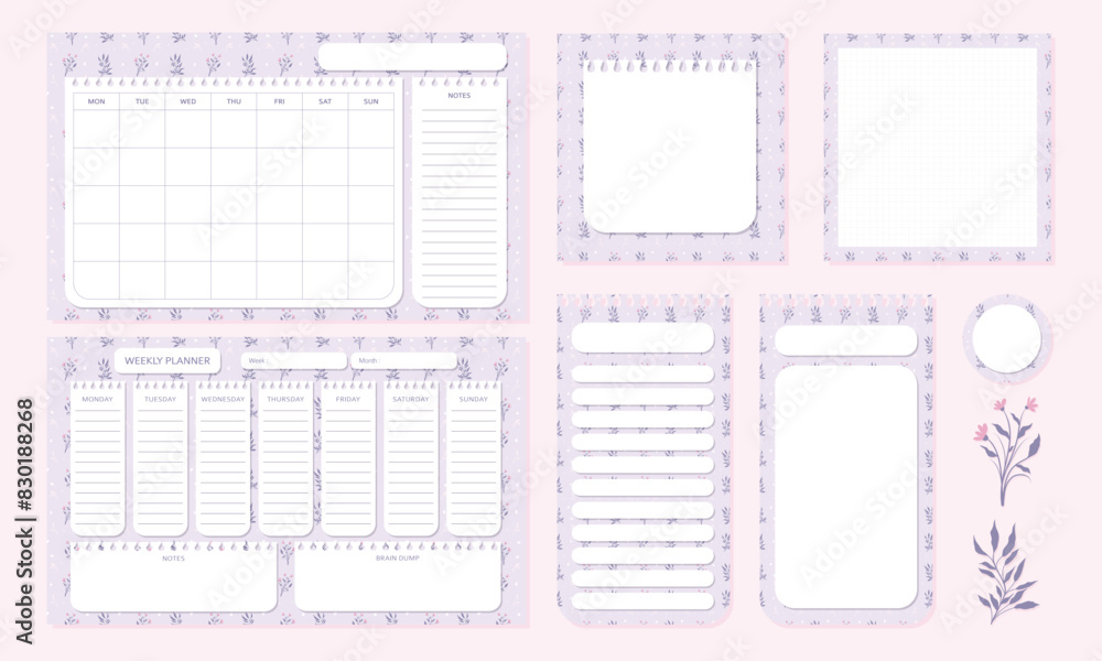 Set of cute and kawaii pastel purple floral planner organizer memo pad and notepad