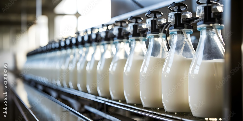 Processing and packaging milk at a dry production plant for distribution and consumption. Concept Milk Processing, Packaging Plant, Dry Production, Distribution, Consumption