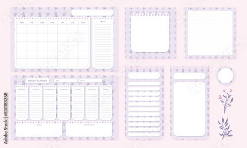 Set of cute and kawaii pastel purple floral planner organizer memo pad and notepad