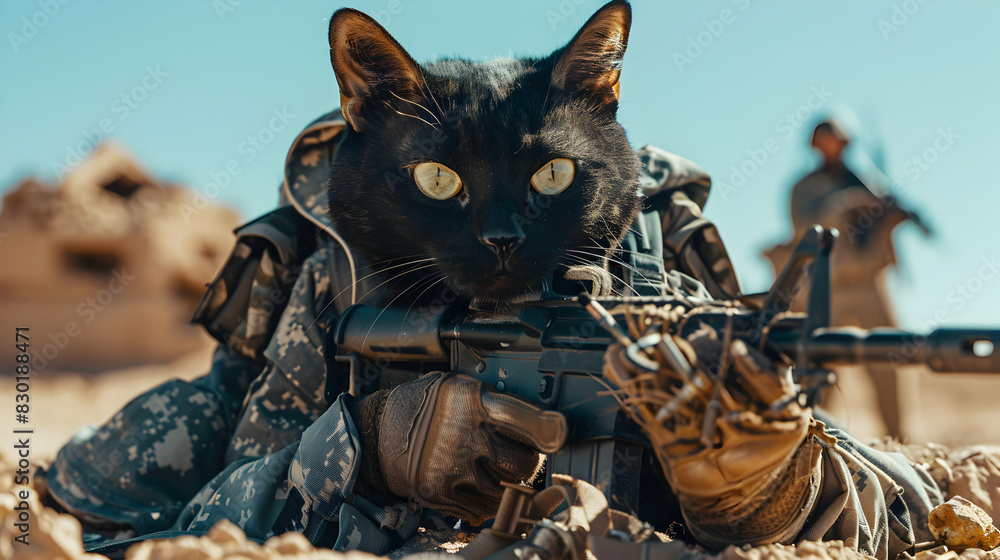 A black cat is holding a gun and wearing a camouflage outfit